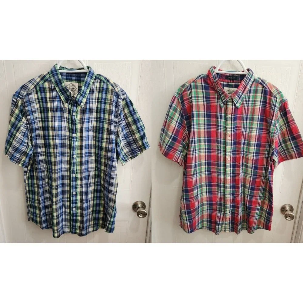 2x St. Johns Bay Blue and Red Classic Fit Plaid S/S Button‎ Down Shirts Size L